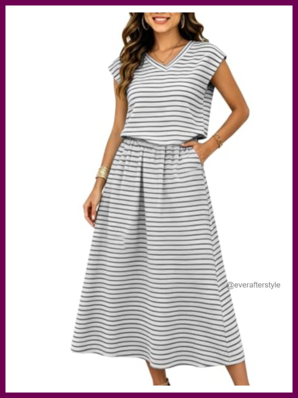 Striped Two Piece Maxi Skirt Set Cap Sleeve V Neck Casual Summer Outfit